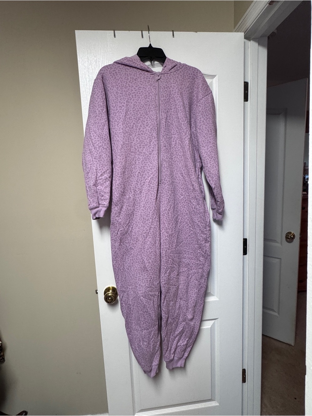 Fabletics Lavender Hooded Leopard-Print One-Piece Pajama
